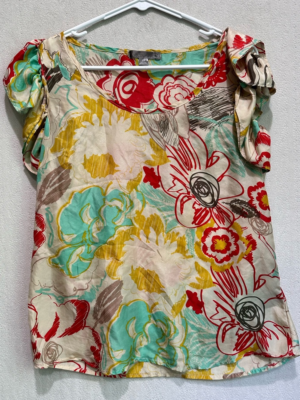 Love 21 100% Silk Big Floral Short Sleeve Scoop Neck Top - Multicolor Sz S